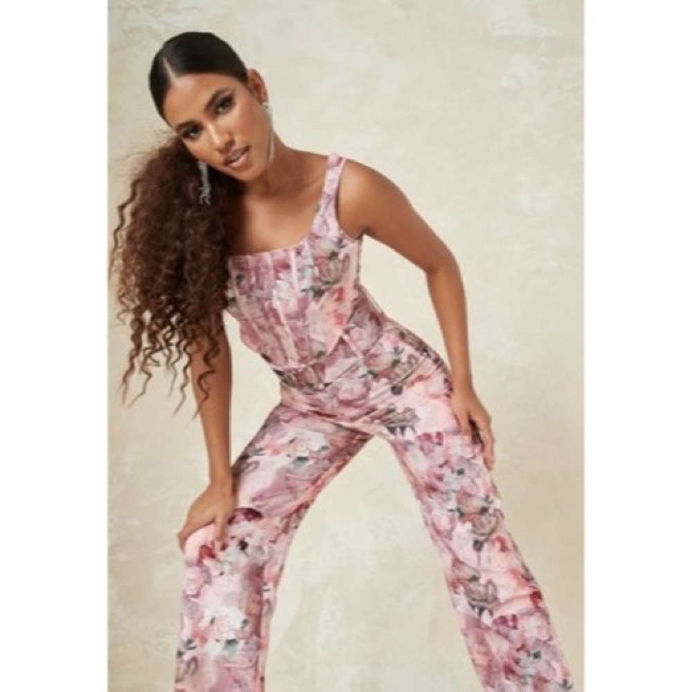 MISSGUIDED Pink Floral Set Sz 4 - Super High Waisted Belted Pants & Corset Top
